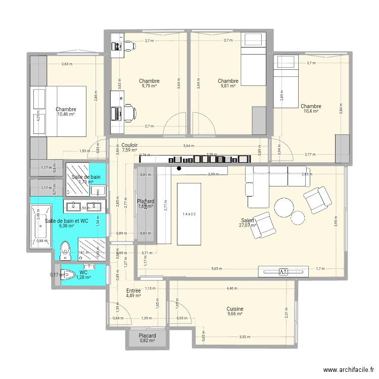 Casa 2. Plan de 14 pièces et 101 m2