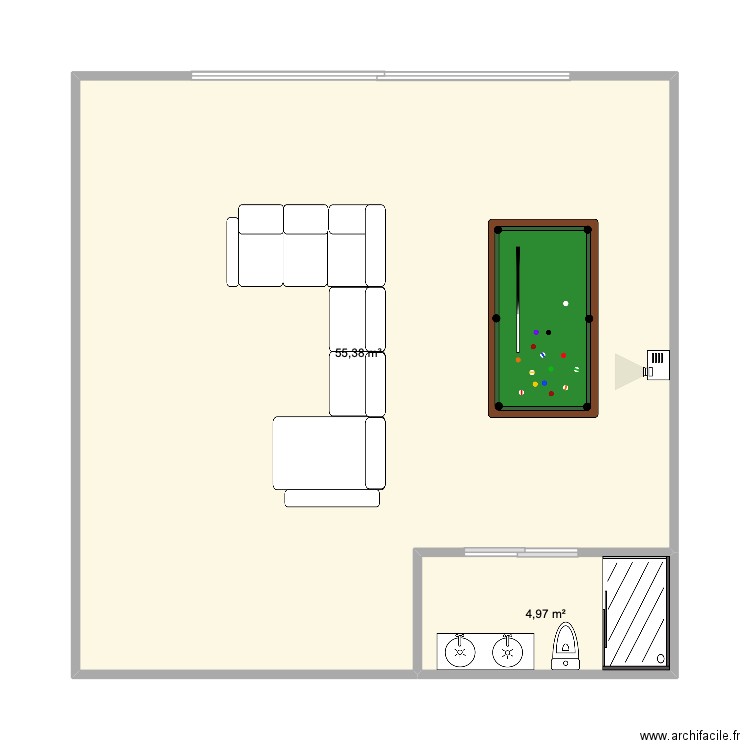 salle de tv salon. Plan de 2 pièces et 60 m2