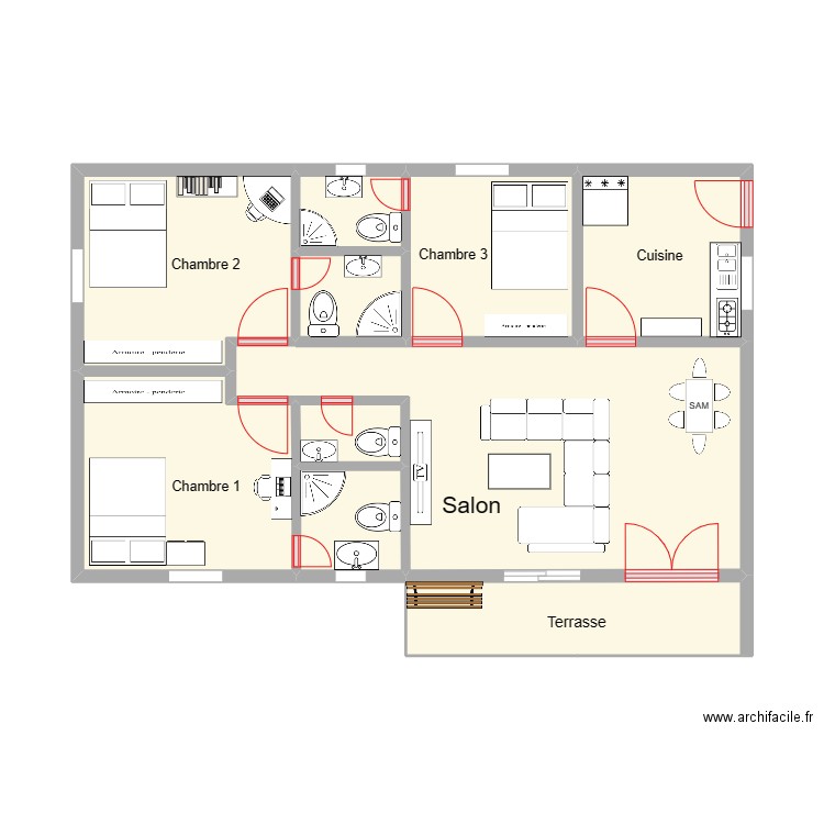 4 Pièces . Plan de 10 pièces et 45 m2