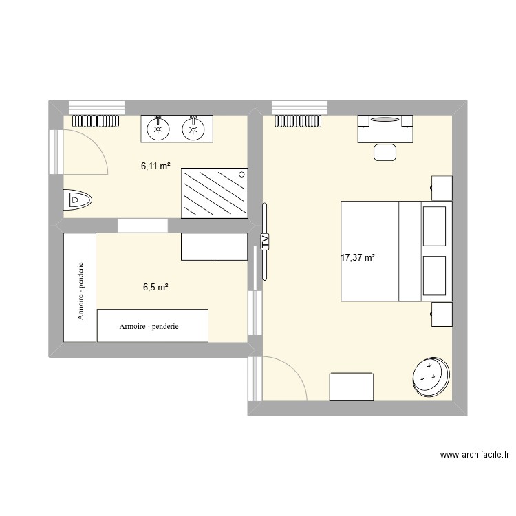 chambre parentale. Plan de 3 pièces et 30 m2