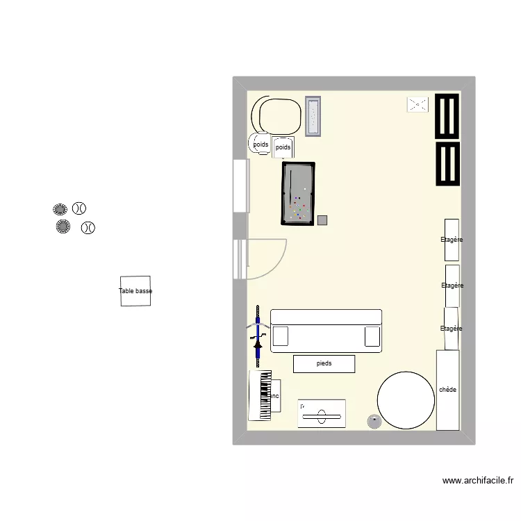 Salle de jeux. Plan de 1  et 26 m²