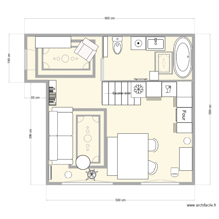 Mezzanine. Plan de 4 pièces et 66 m2