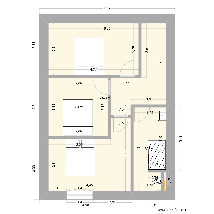 Etage. Plan de 3 pièces et 54 m2