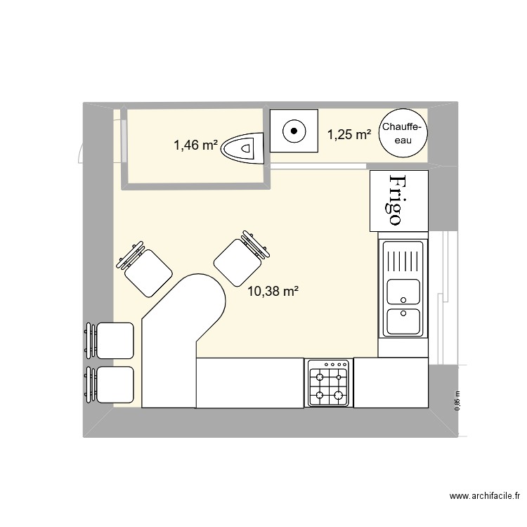 CUISINE. Plan de 3 pièces et 13 m2