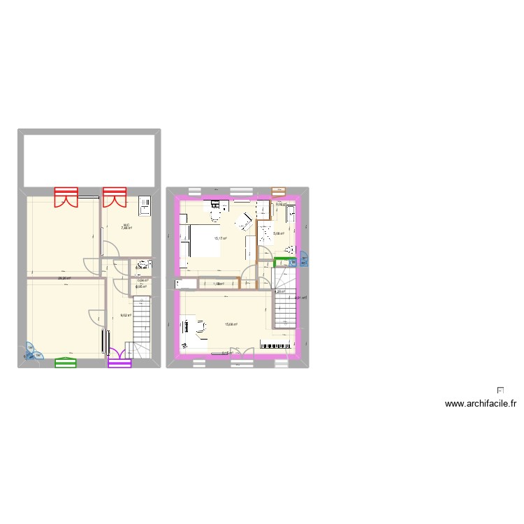 rdc. Plan de 15 pièces et 89 m2