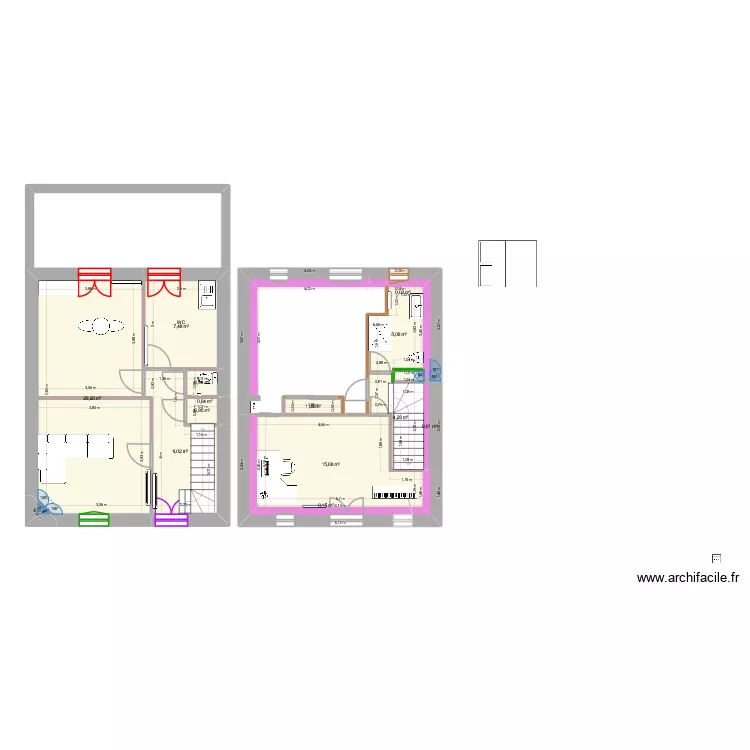 rdc. Plan de 14 pièces et 74 m²