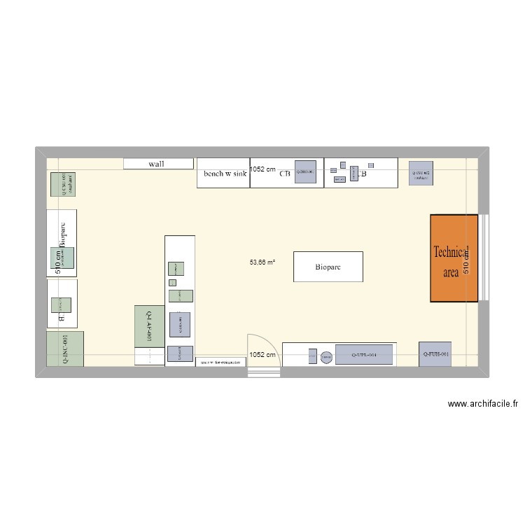 Labo QC. Plan de 1 pièce et 54 m2