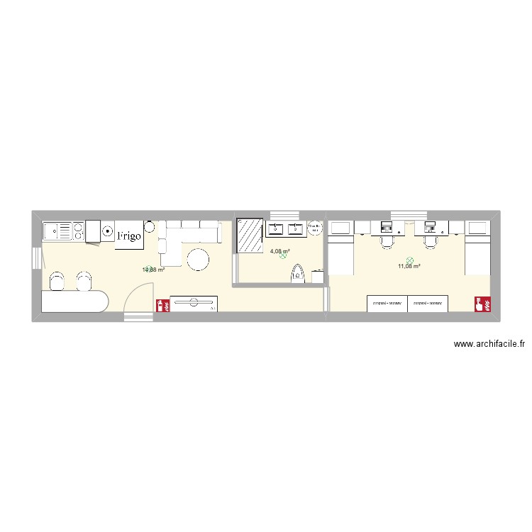 Techno. Plan de 3 pièces et 30 m2