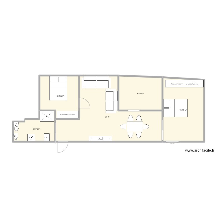 Rdc. Plan de 5 pièces et 65 m2