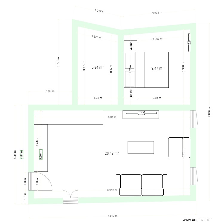 apt 201. Plan de 3 pièces et 42 m2