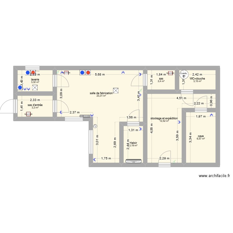 fromagerie. Plan de 8 pièces et 58 m2