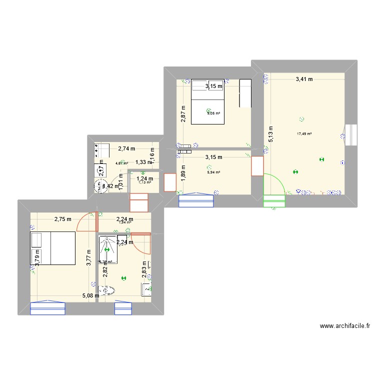 Amélia 003 prise, inter,point lum.. Plan de 7 pièces et 57 m2