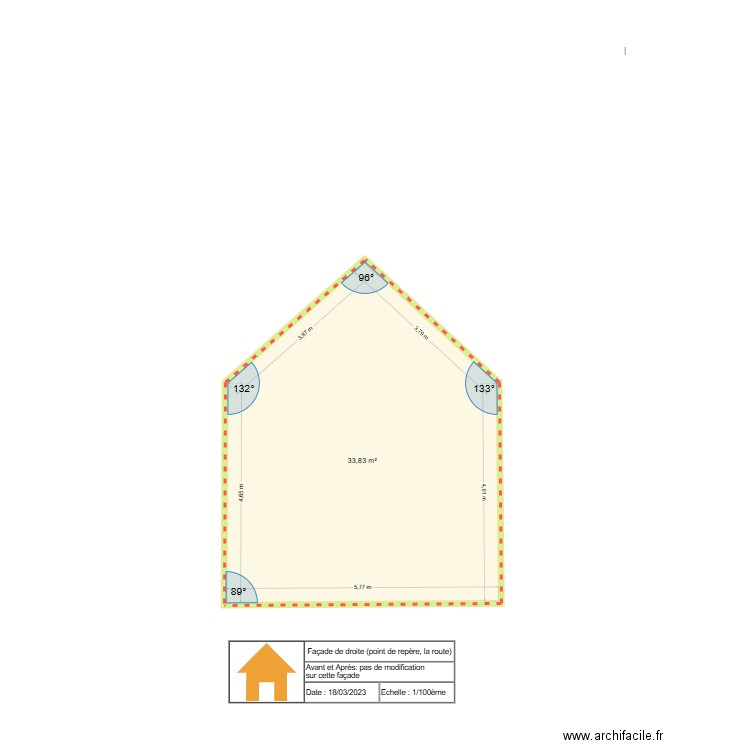 Facade de droite. Plan de 1 pièce et 34 m2