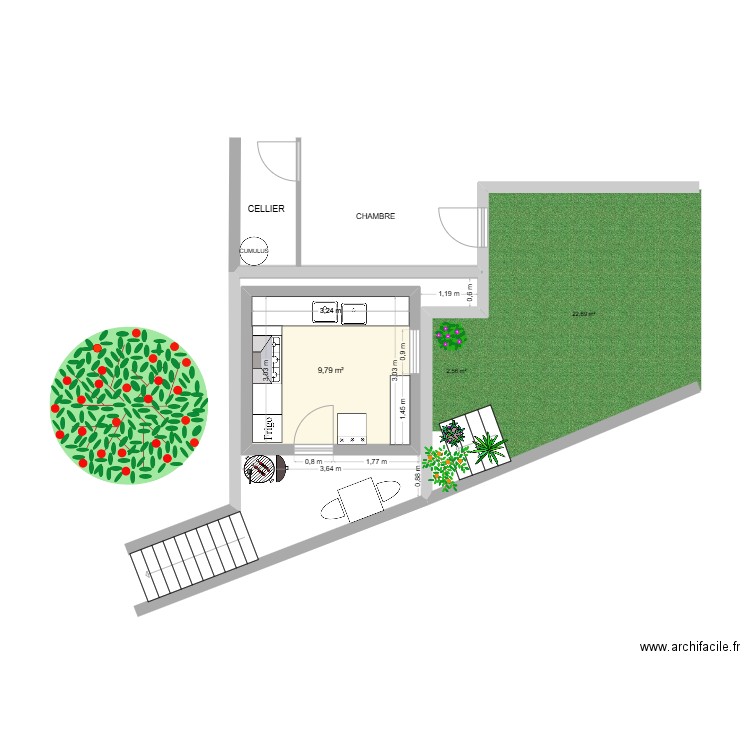 PLAN AMENAGE. Plan de 1 pièce et 10 m2