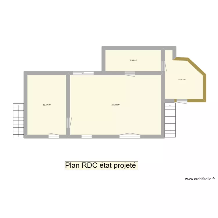 vue en plan rdc Etat Projet&eacute;. Plan de 4 pièces et 60 m²