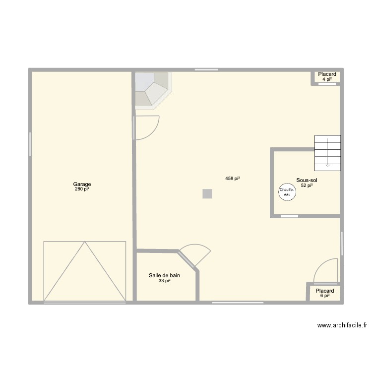 Sous-sol maison Blainville. Plan de 6 pièces et 77 m2