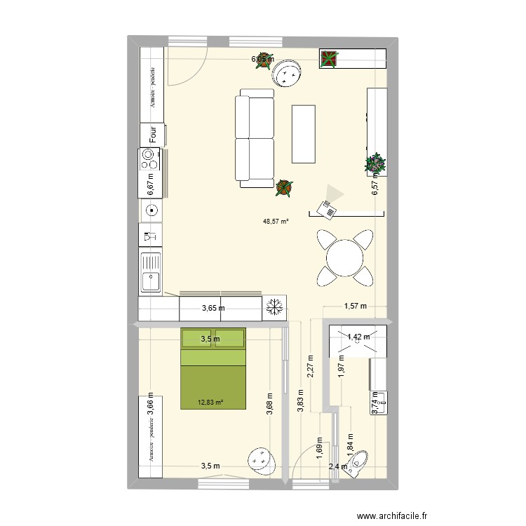 PLATEAU1. Plan de 2 pièces et 61 m2