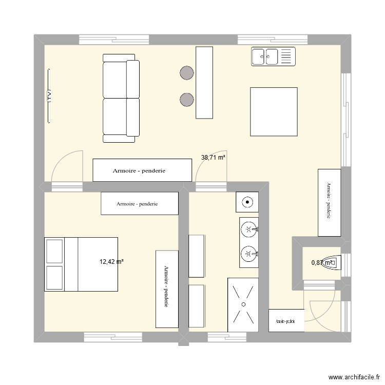 appart. Plan de 3 pièces et 52 m2