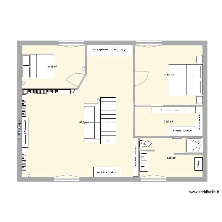 2ème étage chambre / dressing / salle de bain. Plan de 5 pièces et 80 m2