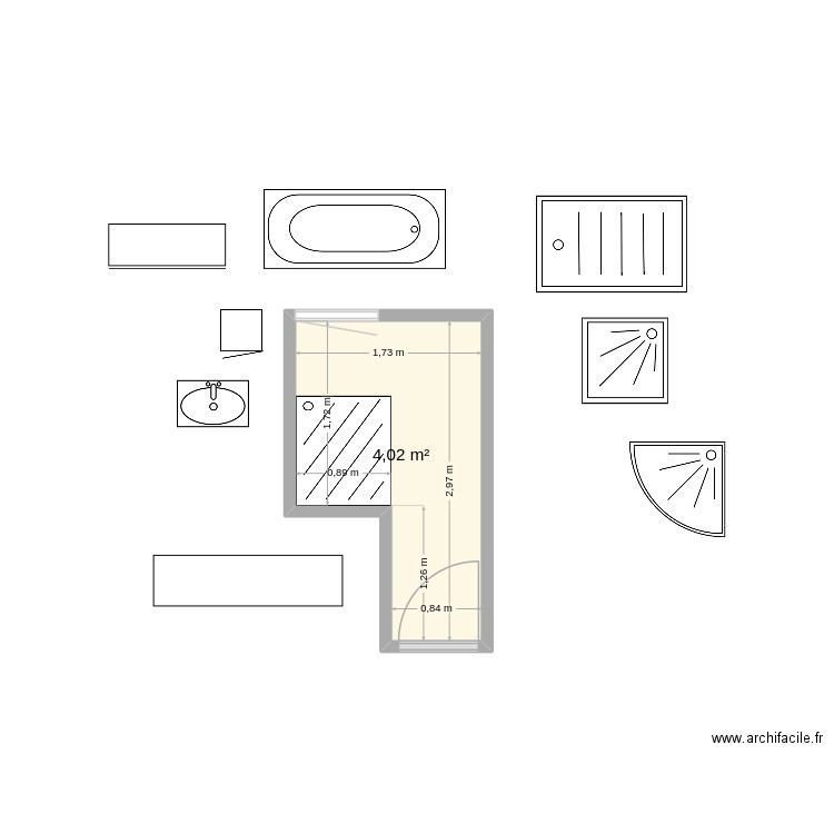 sdb. Plan de 1 pièce et 4 m2