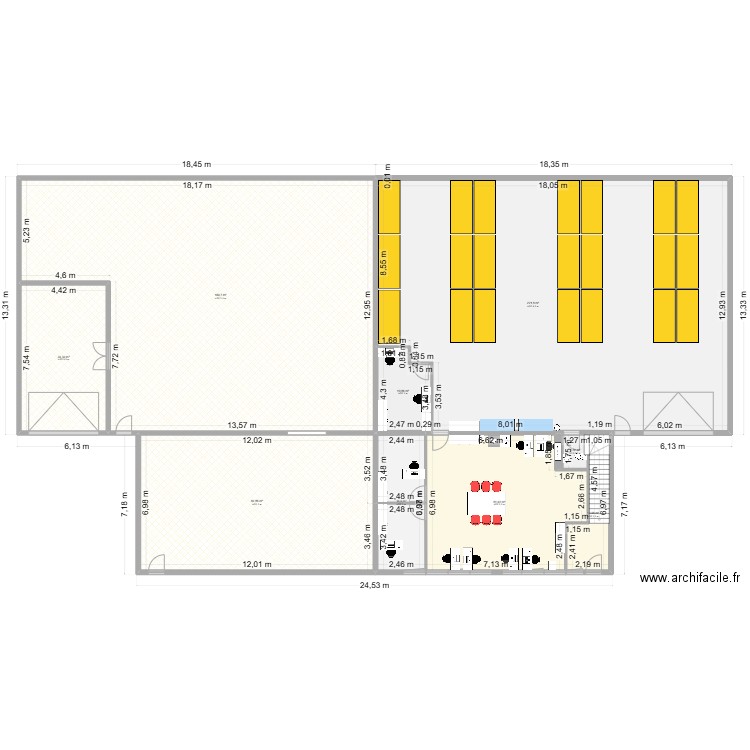 locaux. Plan de 22 pièces et 1267 m2