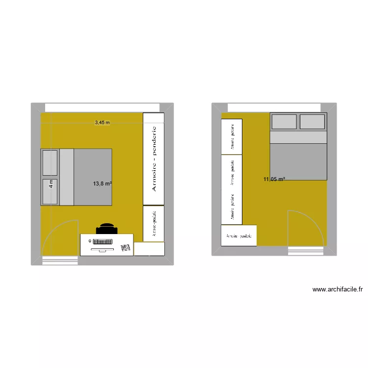 Chambres du rdc. Plan de 2  et 25 m²