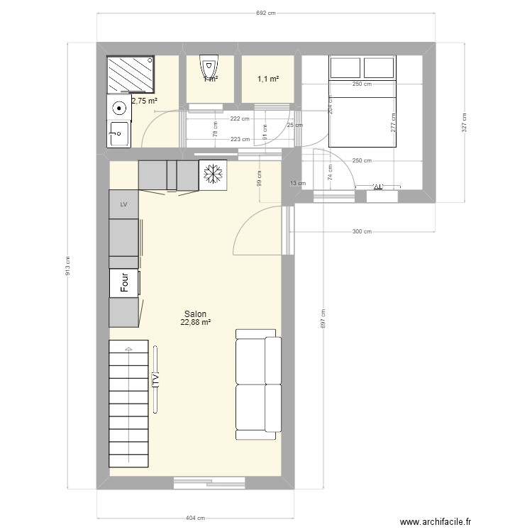 ste marie la mer 2024 V1 meublé. Plan de 4 pièces et 28 m2