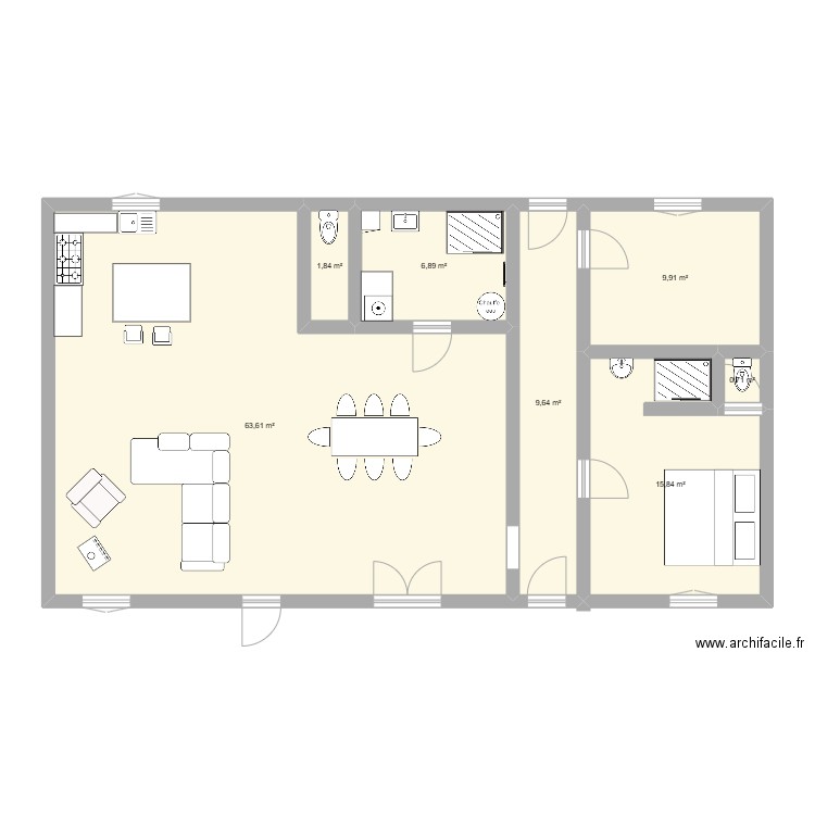communs aménagés. Plan de 7 pièces et 108 m2