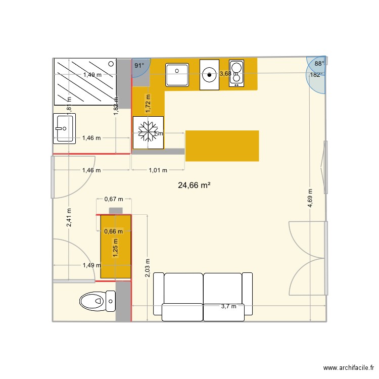 champigny p2. Plan de 2 pièces et 24 m2