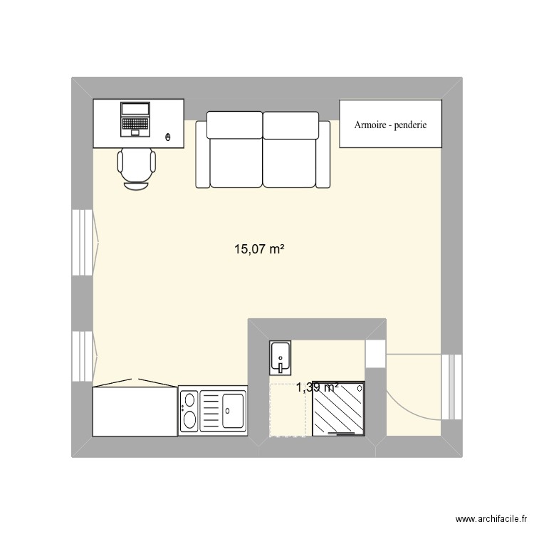 Studio. Plan de 2 pièces et 16 m2