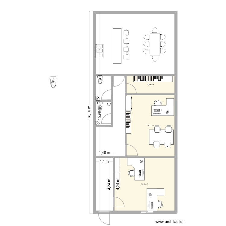 Bureau 1. Plan de 3 pièces et 45 m2
