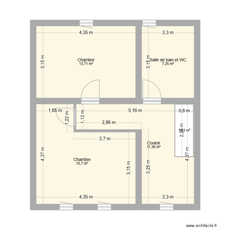 1er étage. Plan de 5 pièces et 52 m2