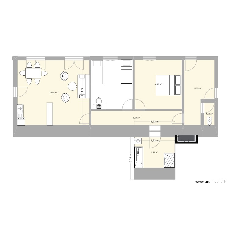 Clous gardien. Plan de 2 pièces et 59 m2