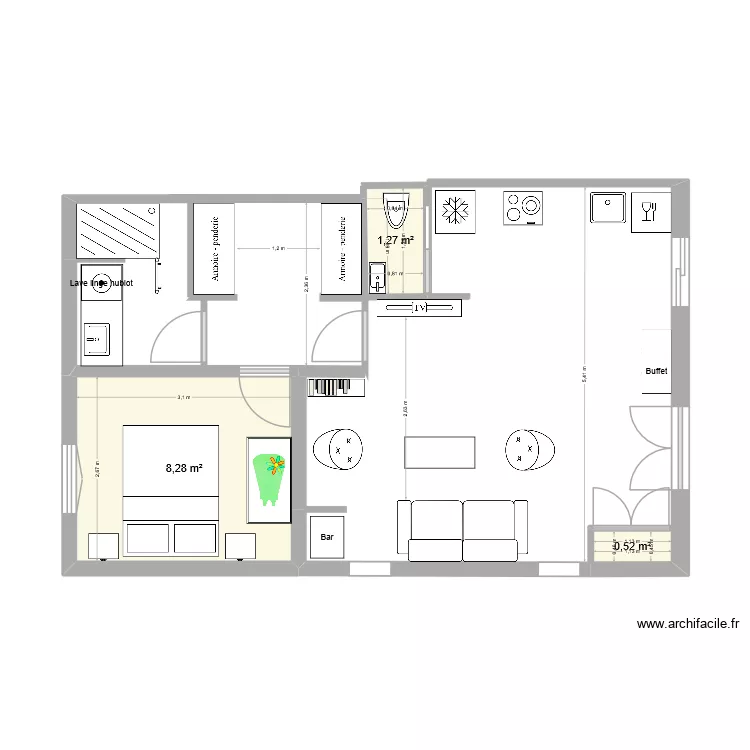 Projet 1 &eacute;tage Carles sans escalier. Plan de 3  et 10 m²