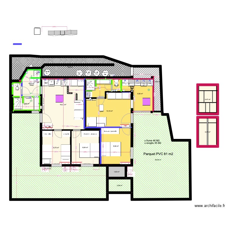 rdc gîtes. Plan de 26 pièces et 196 m2