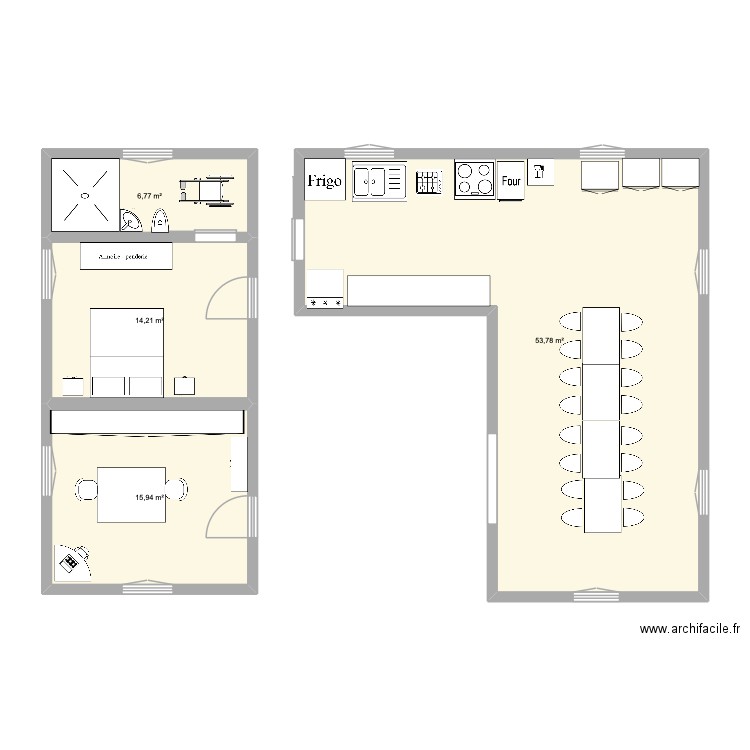 Rez de chaussée. Plan de 4 pièces et 91 m2
