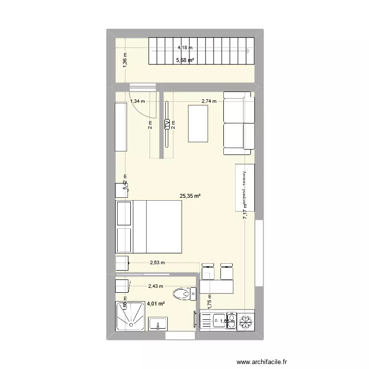 studio 1. Plan de 3  et 35 m²