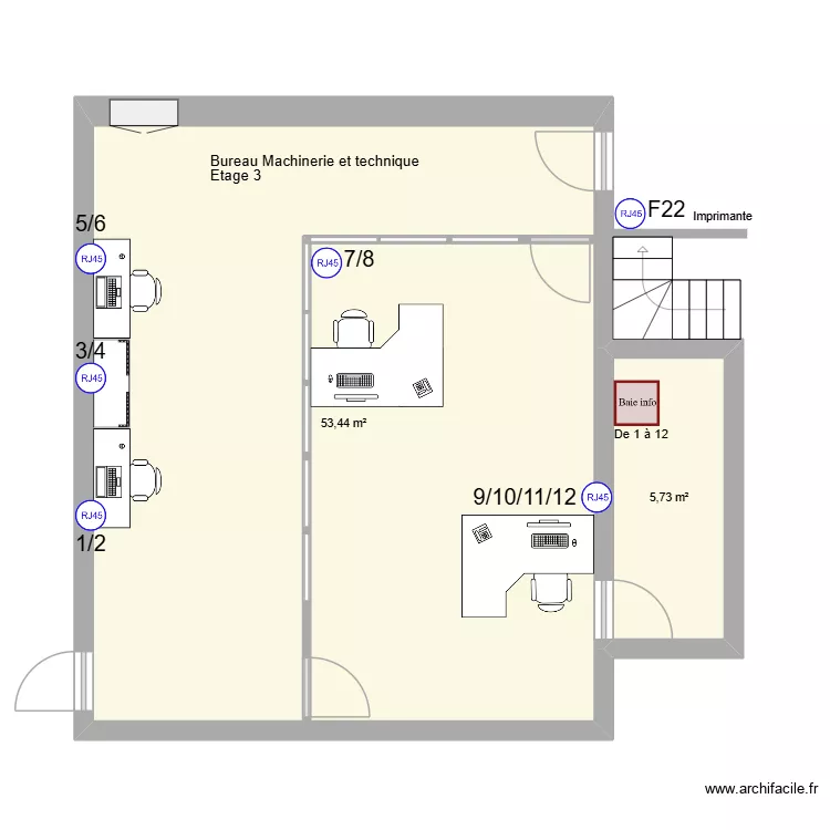 Bureau machinerie et technique. Plan de 2  et 59 m²