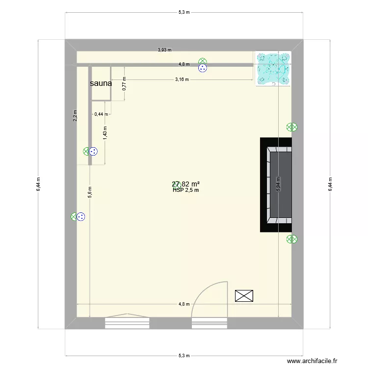 Espace d&eacute;tente. Plan de 2  et 28 m²
