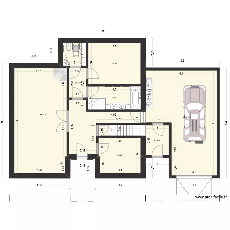 Projet maison 3 pi&egrave;ces Riry + garage. Plan de 9 pièces et 152 m²
