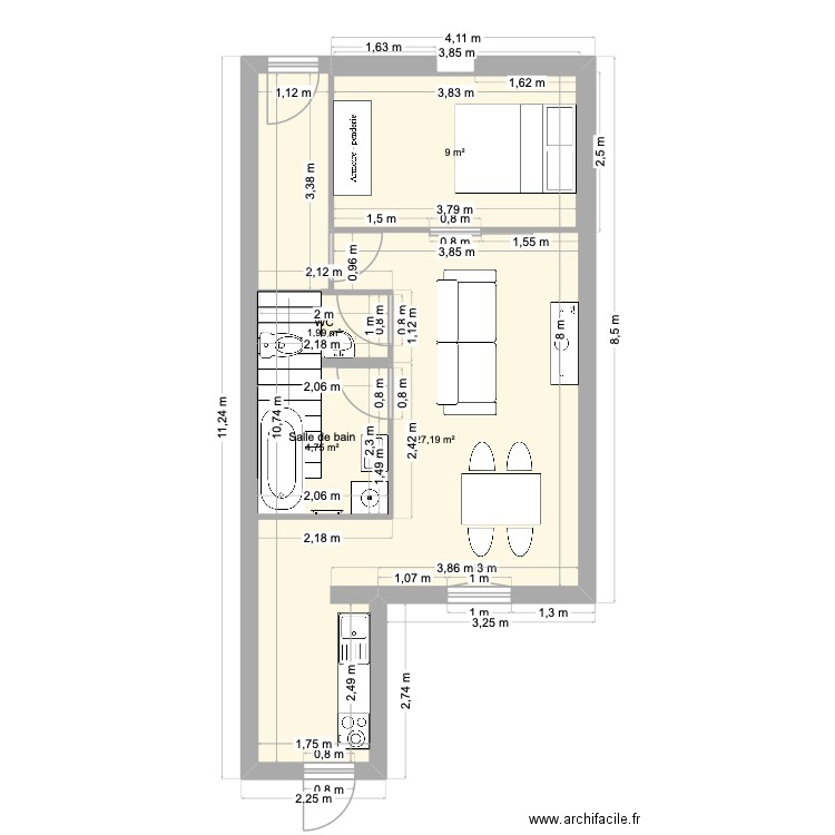 rez de chaussée. Plan de 4 pièces et 51 m2