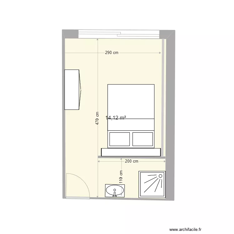 Chambre avec toilette. Plan de 