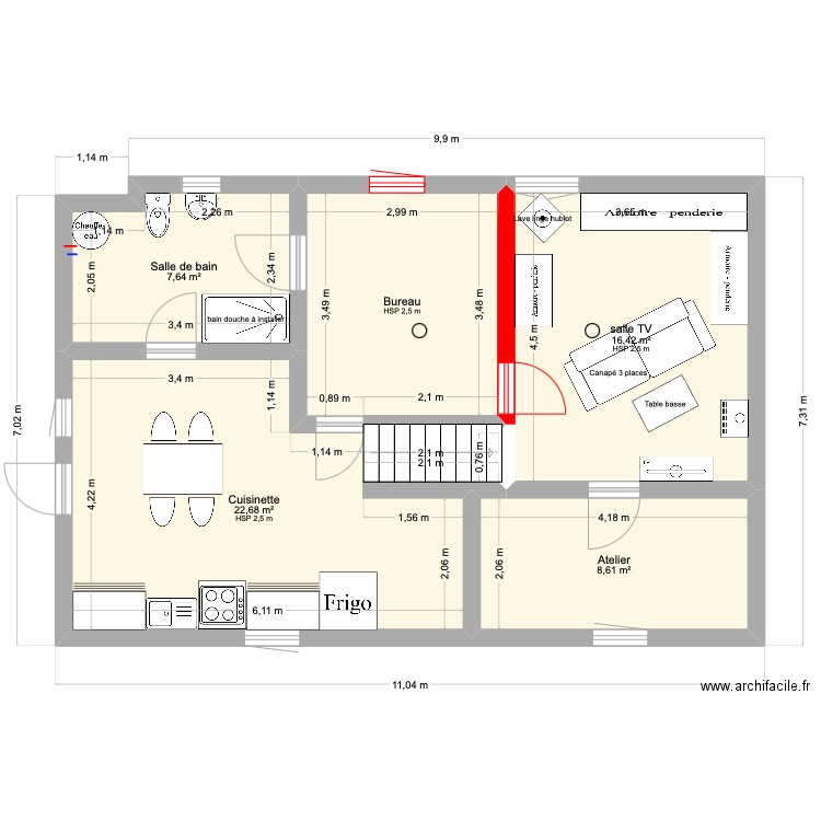 55 mars sous-sol réno 3. Plan de 5 pièces et 66 m2