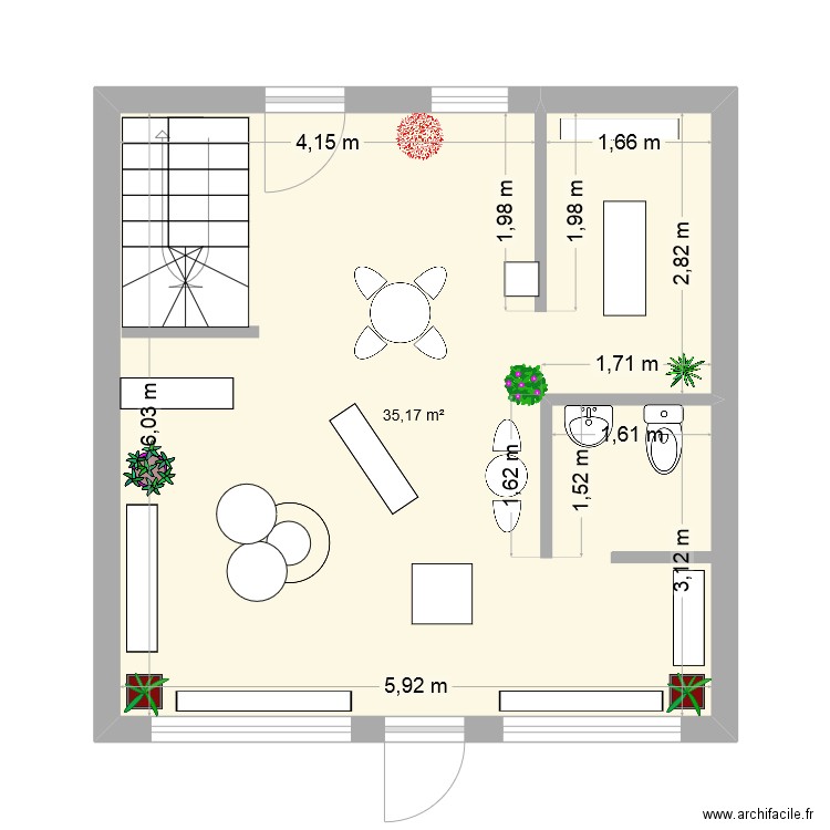 boutique. Plan de 1 pièce et 35 m2