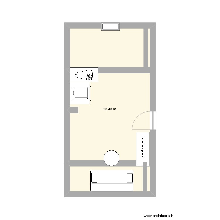 Chambre H. Plan de 1 pièce et 23 m2