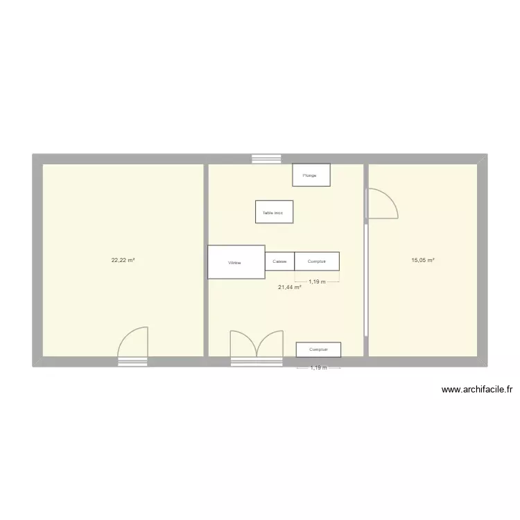 Magasin. Plan de 3 Pièces et 59 m²