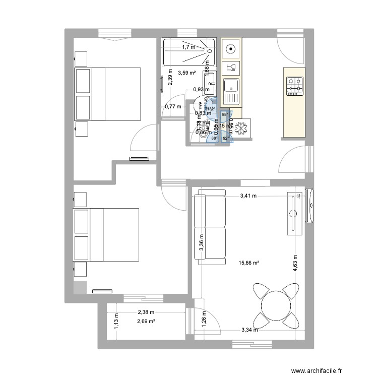 plan T3. Plan de 5 pièces et 23 m2
