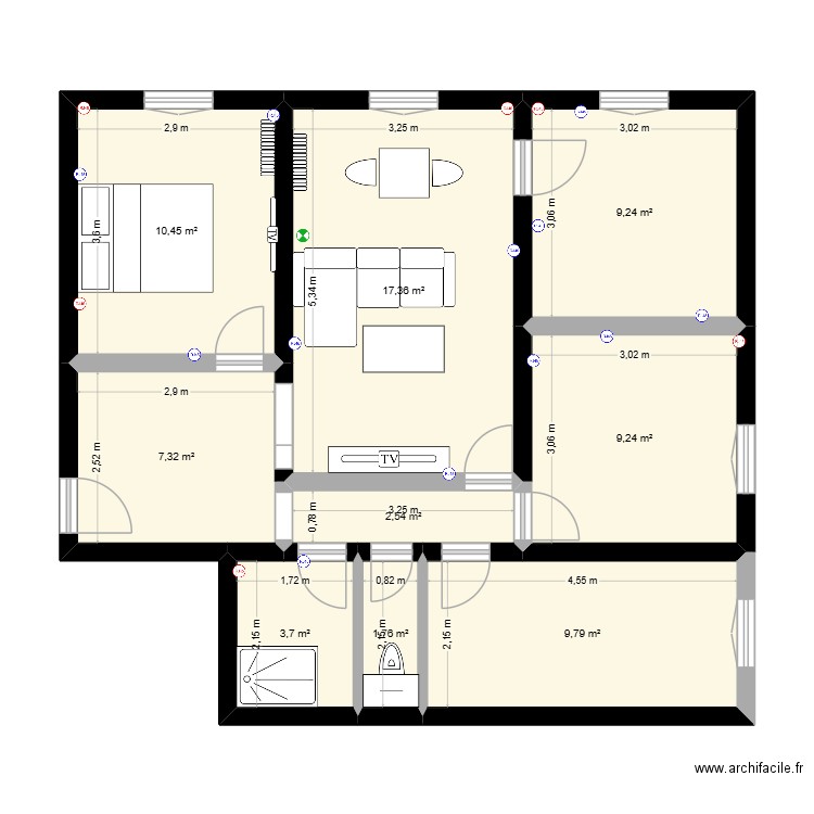 Appt. Plan de 9 pièces et 71 m2