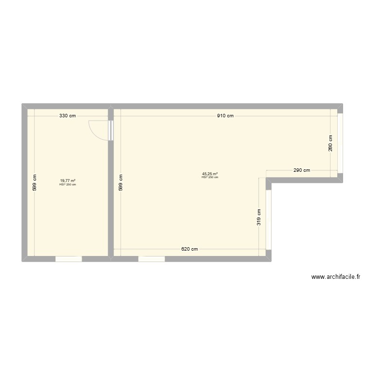 Garage modifié. Plan de 2 pièces et 65 m2