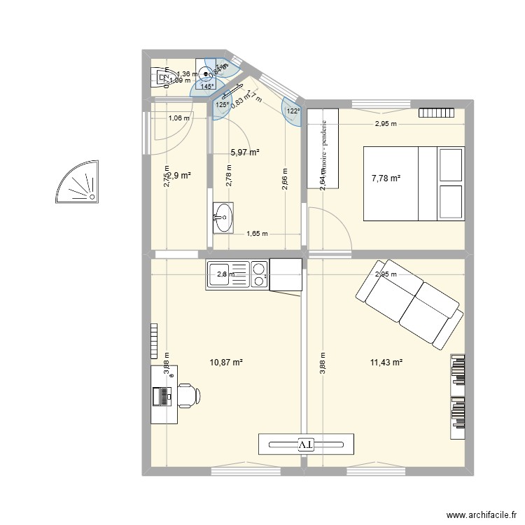 Appart 2. Plan de 5 pièces et 39 m2